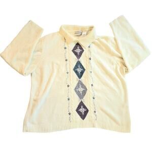 Alfred Dunner Womens 2x Cream Sweater Ivory Embroidered Long Sleeved Collared